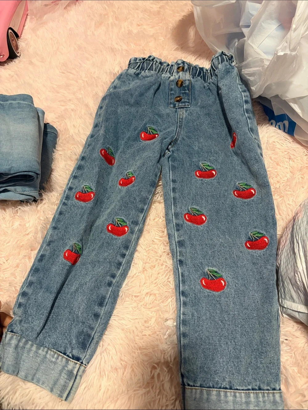 SHEIN Blue Denim Kids Jeans with Red Cherry Embroidery